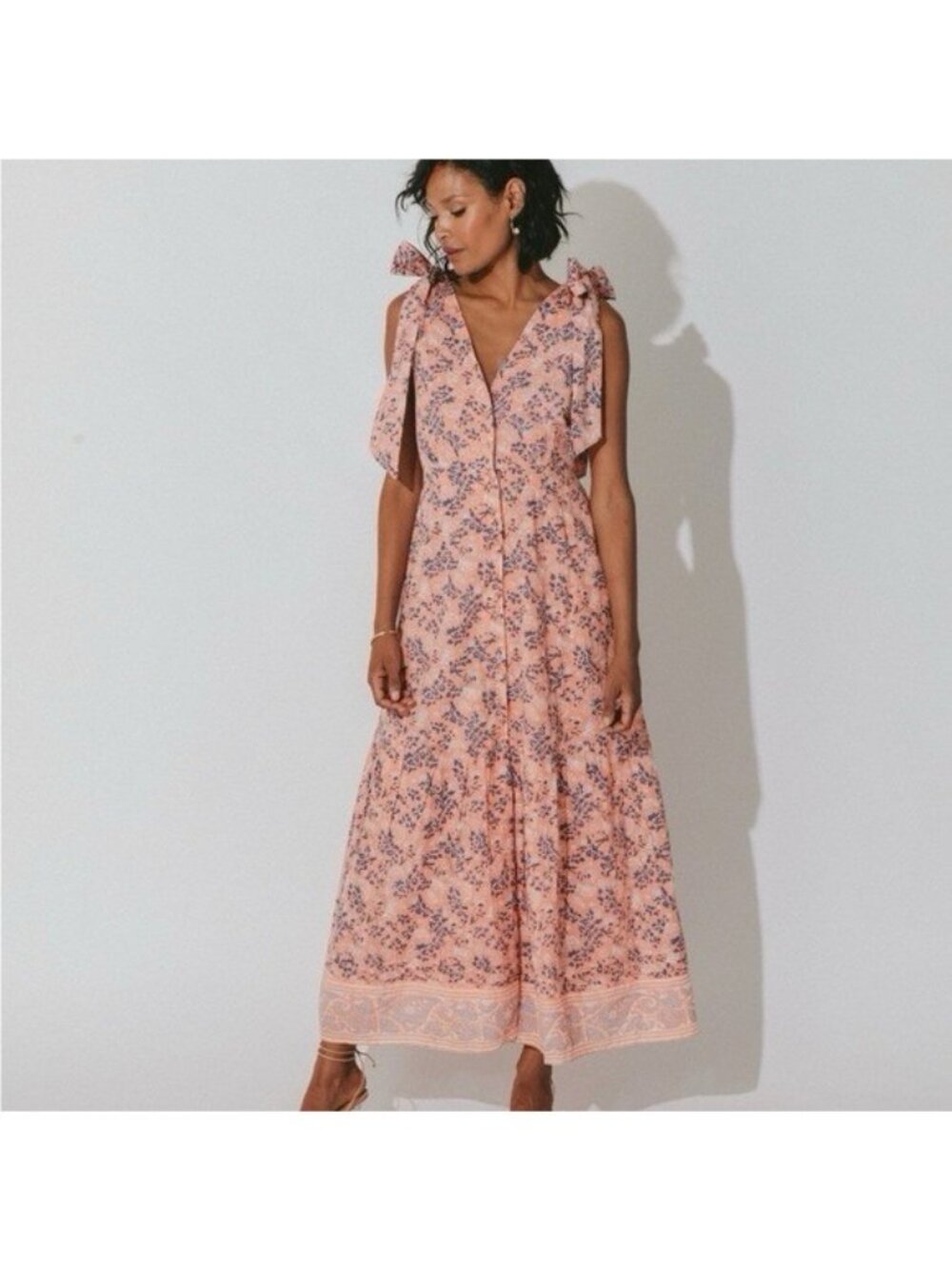 Cleobella Astrid Ankle Dress Peach Floral Tiered Dress M Organic Cotton Cottage